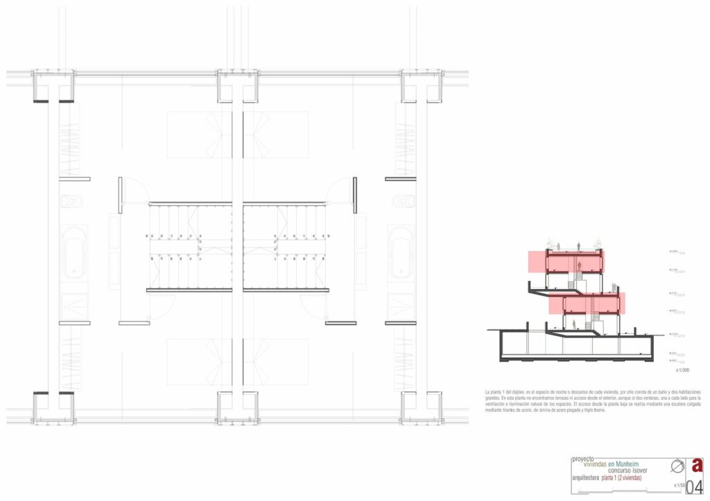 Planta primera vivienda tipo duplex · Viviendas en Manheim