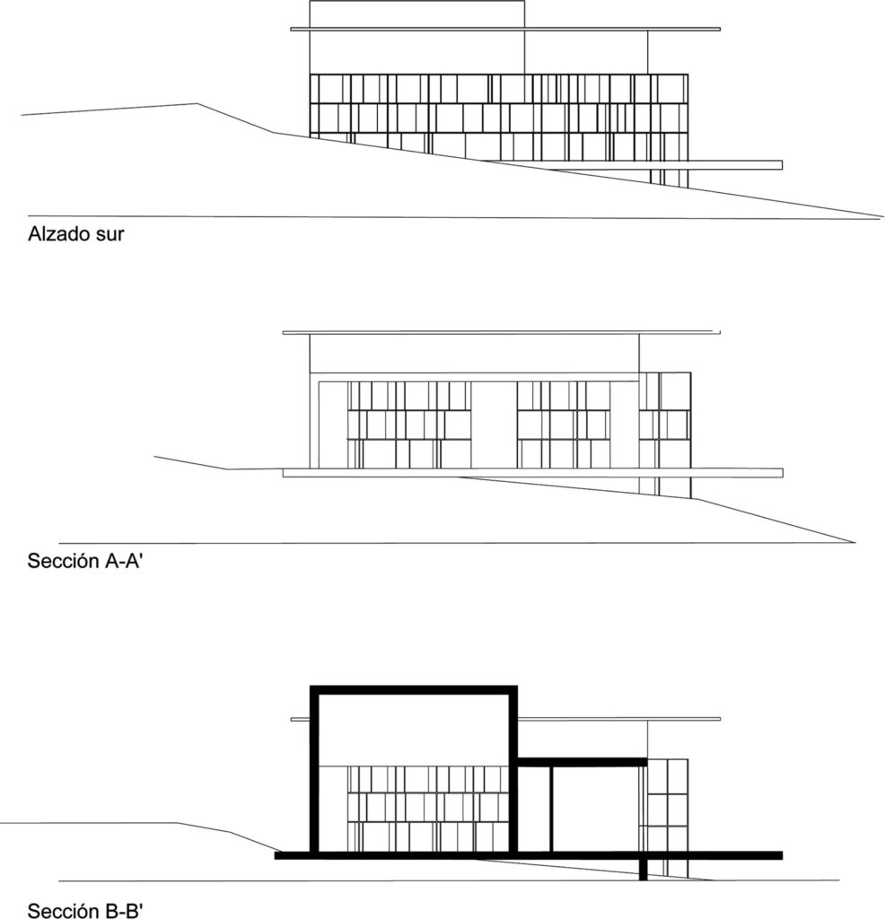 Casa para un mago · alzado sur y secciones A-A y B-B
