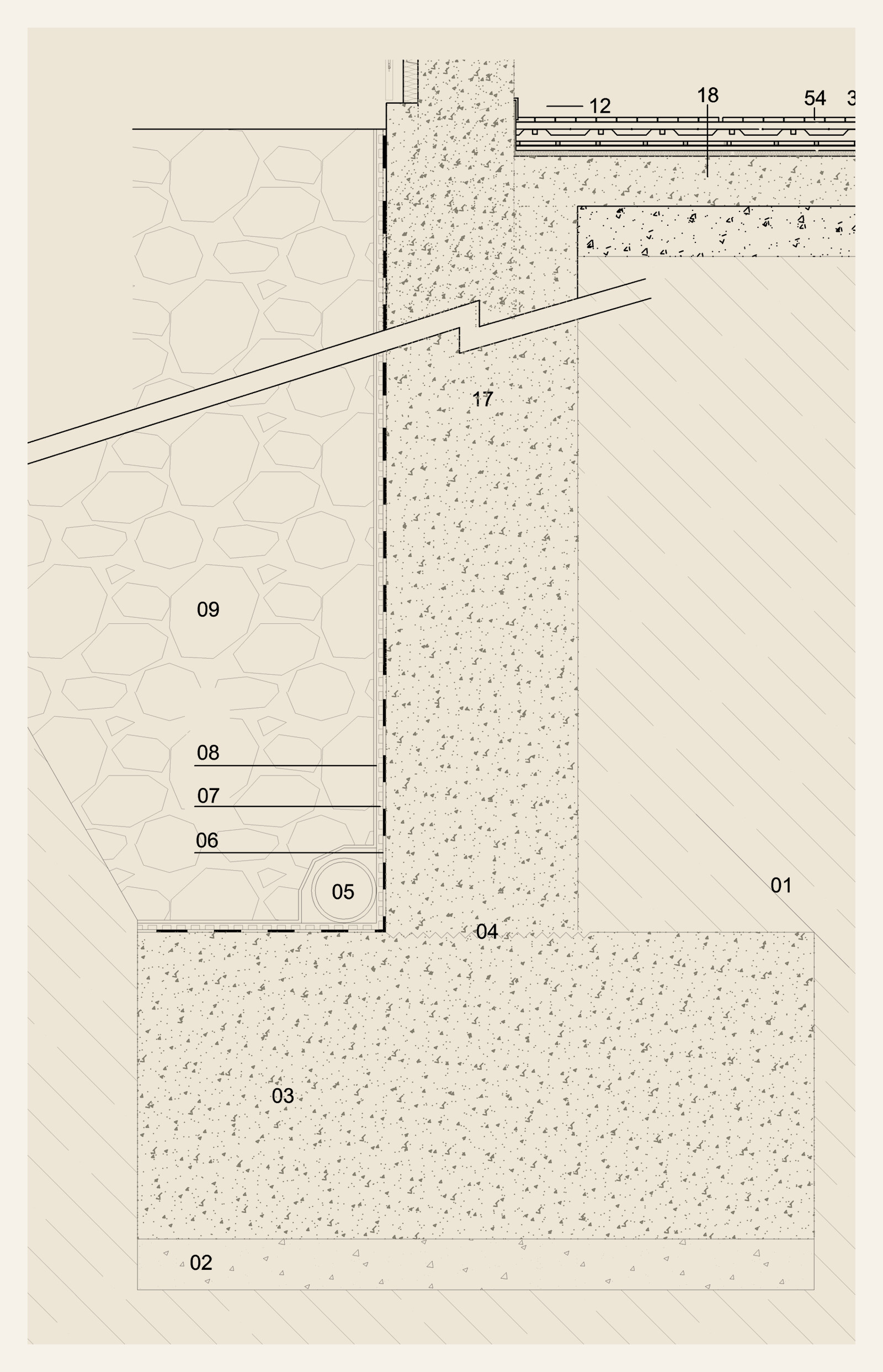 Detalle constructivo de cimentación: zapata corrida, muro de contención y drenaje