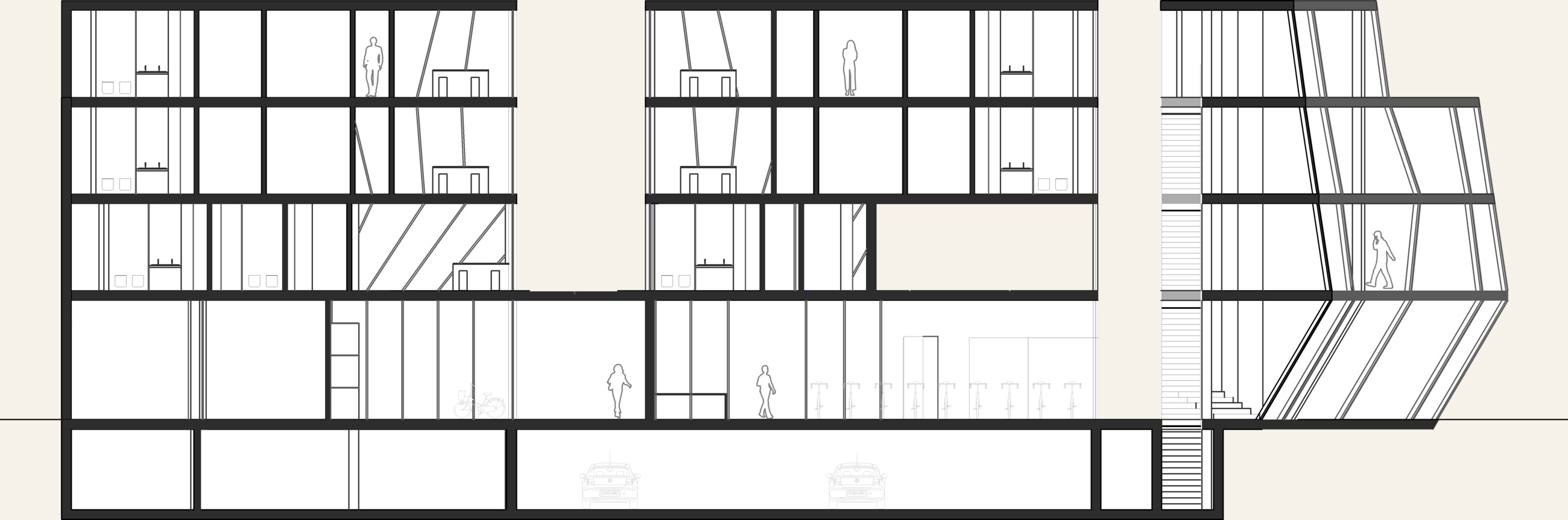 Sección longitudinal del edificio mostrando los cinco niveles, el muro cortina y el garaje en planta baja