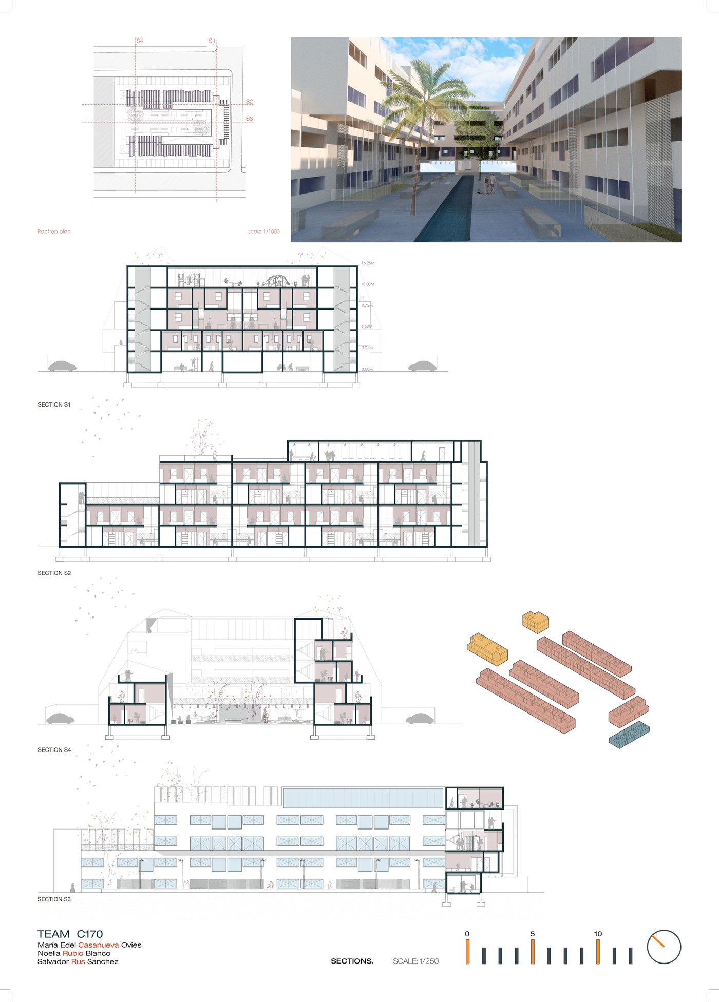 Plantas y vistas 3D de las tres tipologías de vivienda, escala 1/100