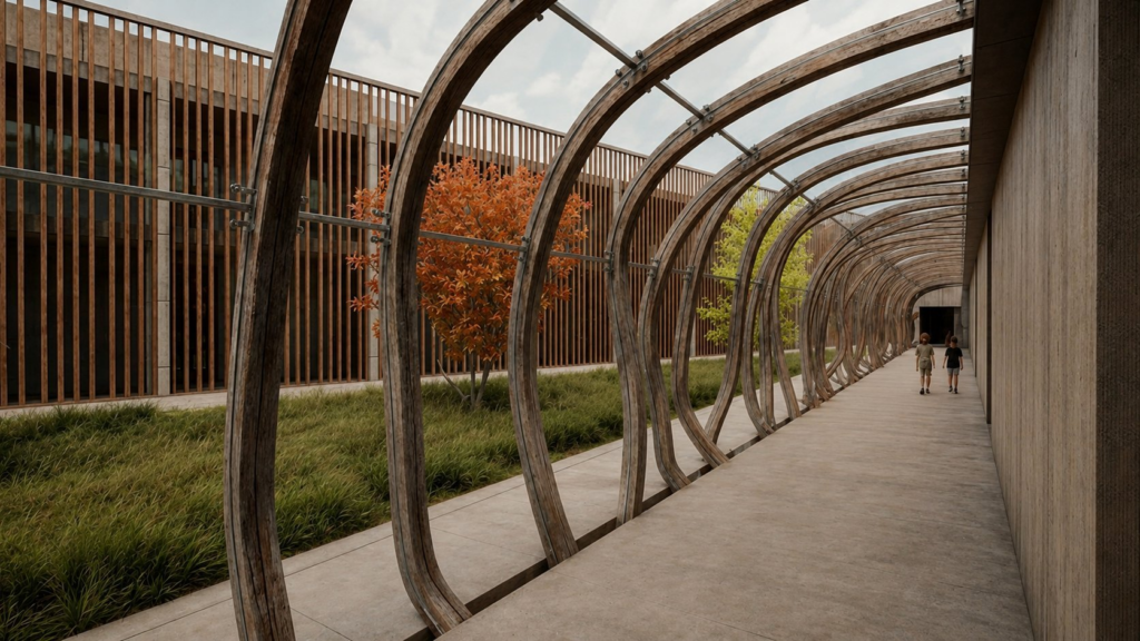 Escuela Lošbates — pasarela de acceso con arcos paramétricos