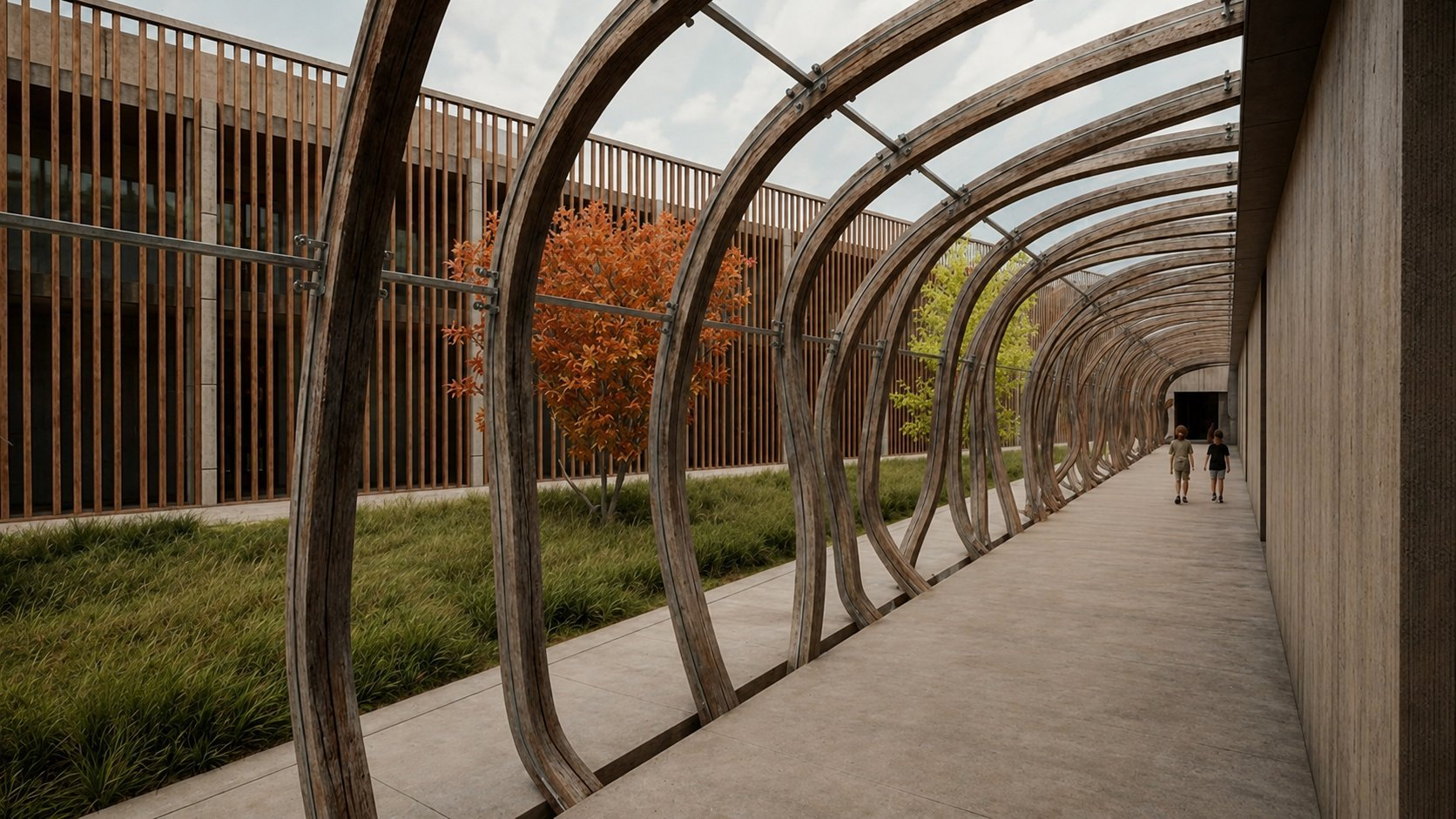 Pasarela de acceso con arcos paramétricos — escuela Lošbates Praga