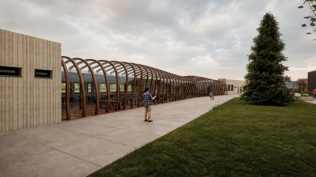 Escuela Lošbates — plaza y pabellón cafetería-galería