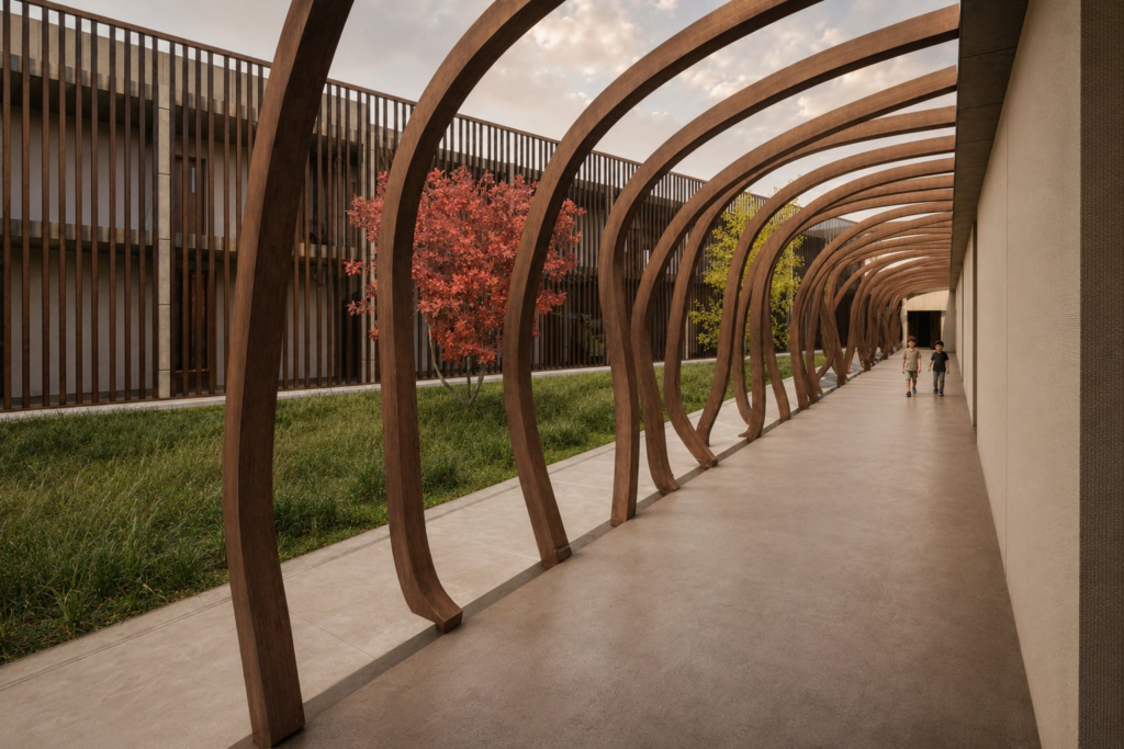Escuela Lošbates — cafetería y galería acristalada con arcos