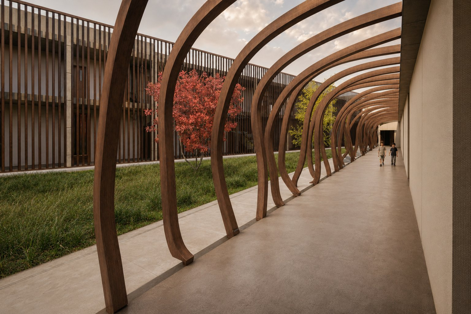 Cafetería y galería acristalada con arcos — escuela Lošbates Praga