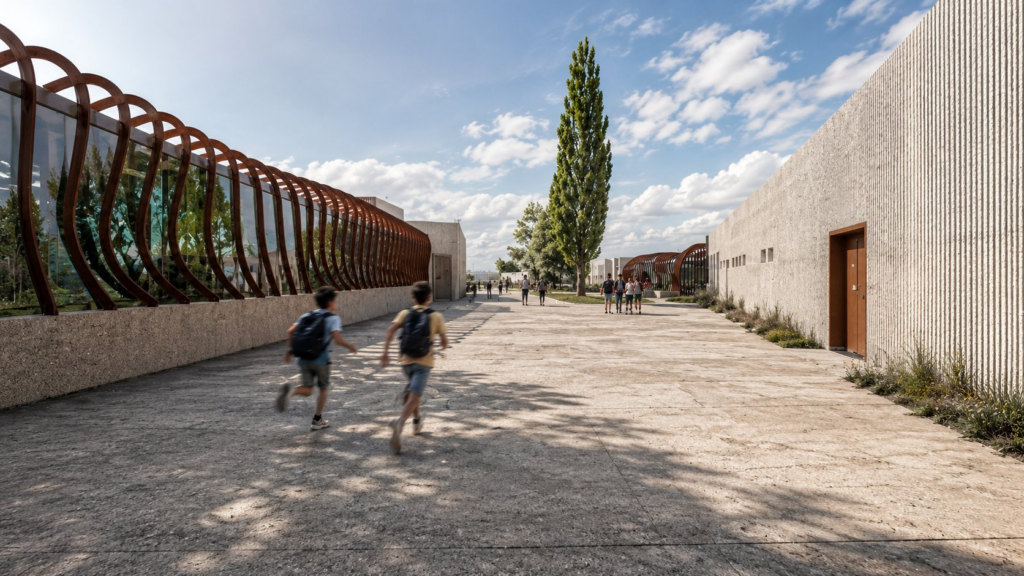 Escuela Lošbates — galería exterior otoño