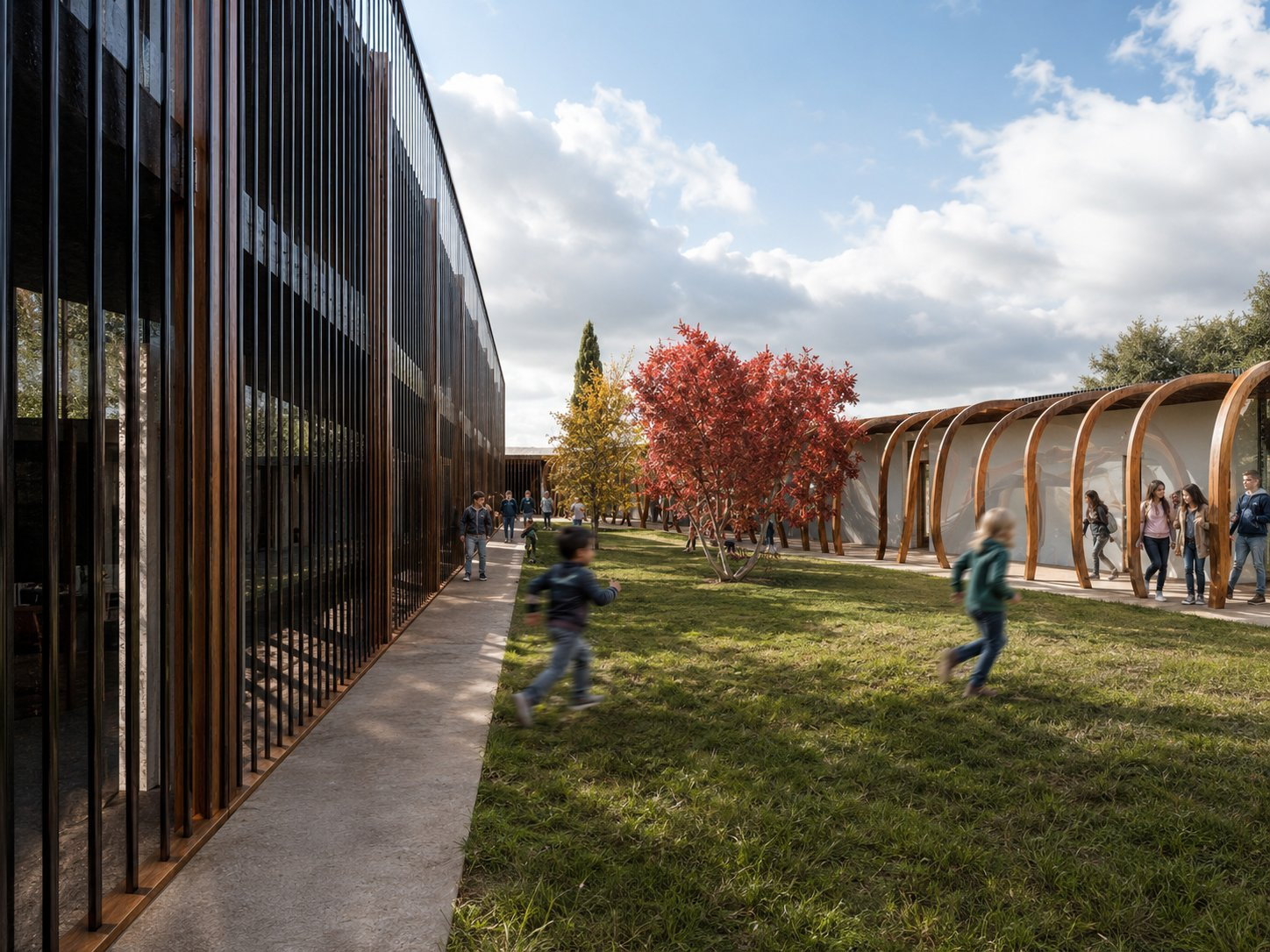 Galería en otoño con arcos de madera y cerramiento de vidrio — Lošbates