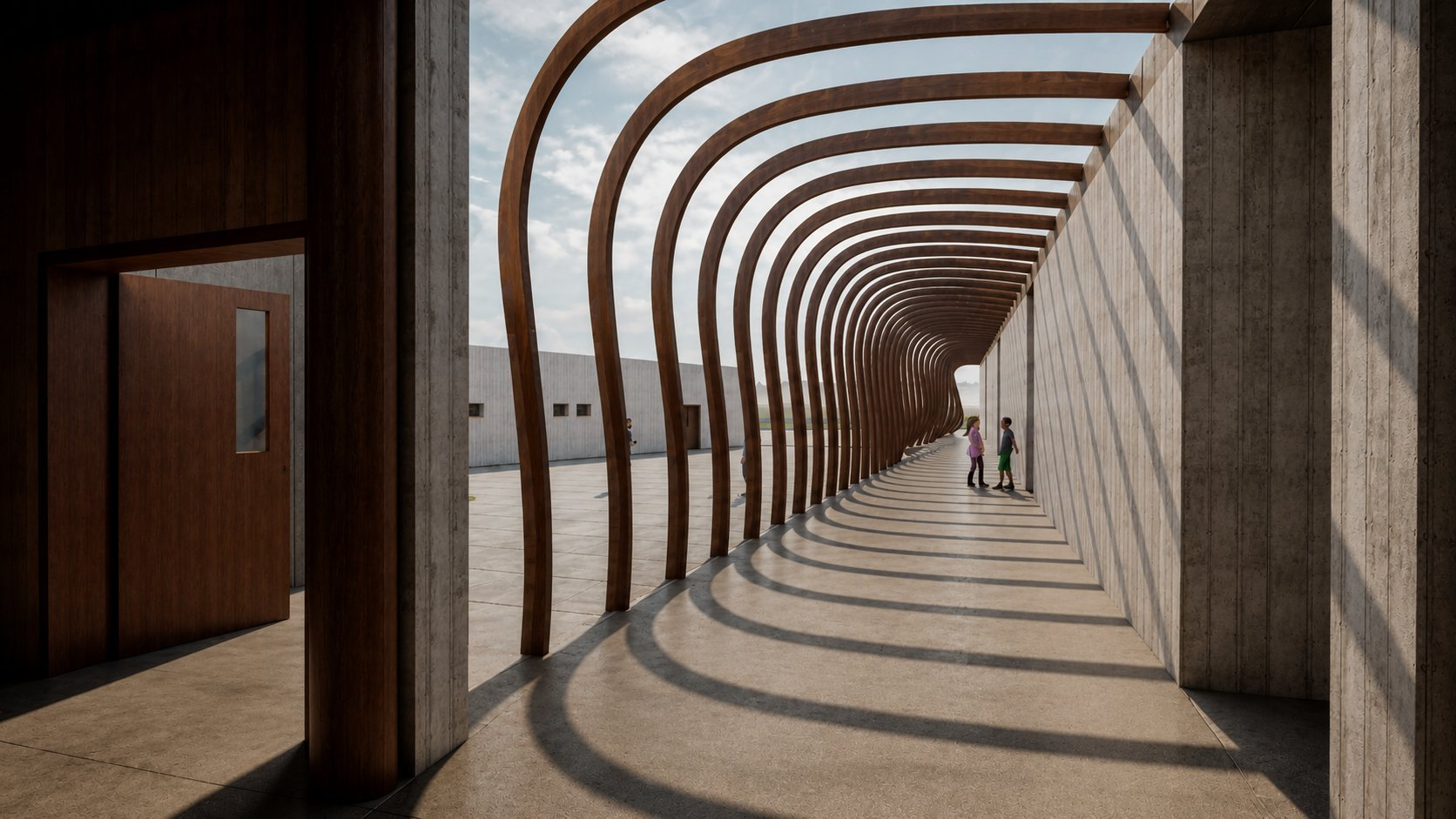 Paseo bajo tablillas de madera con arcos paramétricos — Lošbates