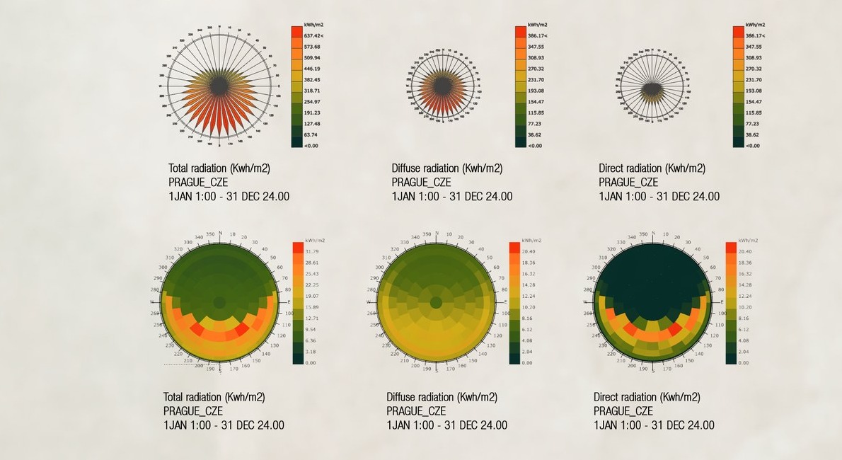 Rosas de radiación solar en Praga — total, difusa y directa, calculadas con Ladybug