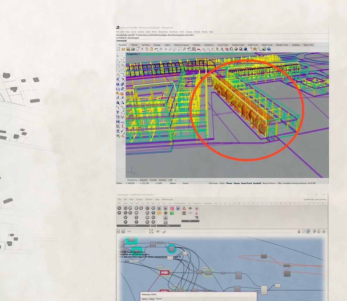 Modelo en Rhinoceros 6 y definición Grasshopper — optimización paramétrica pabellón principal